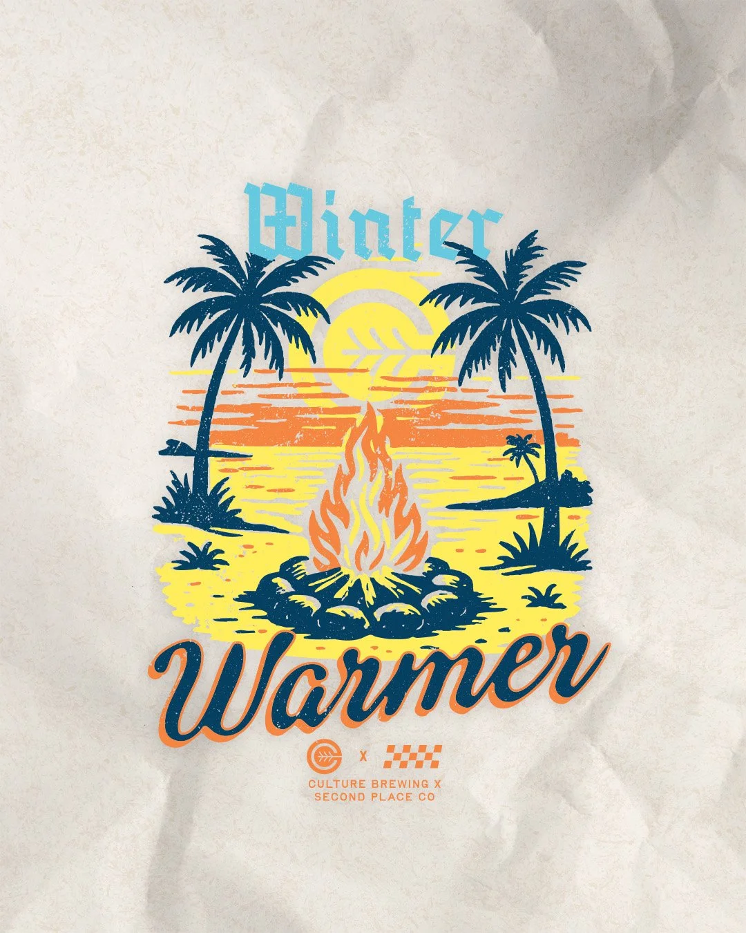 Colorful tropical sunset scene with palm trees, a campfire on the beach, and the words 'Winter Warmer' with a logo and text for Culture Brewing and Second Place Co.