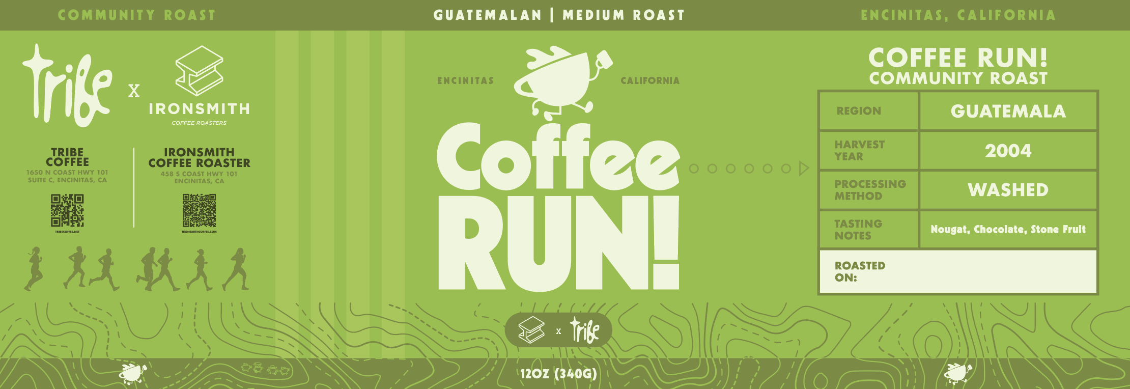 Green poster titled 'Coffee Run! Community Roast' with details about Guatemala coffee, harvested in 2004, washed processing, tasting notes of nougat, chocolate, and stone fruit. Includes logos for 'Triee' and 'Ironsmith Coffee Roasters', QR codes, and illustrations of running figures, a coffee cup, and a map.