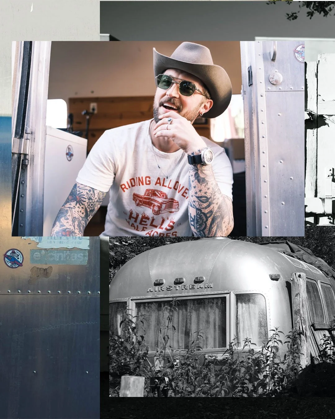 A man with tattoos, wearing sunglasses, a cowboy hat, and a T-shirt that says 'Riding Allowed - Hell's Half Acres,' is sitting at an entrance of a metallic trailer with the word 'Airstream' on it, surrounded by foliage.