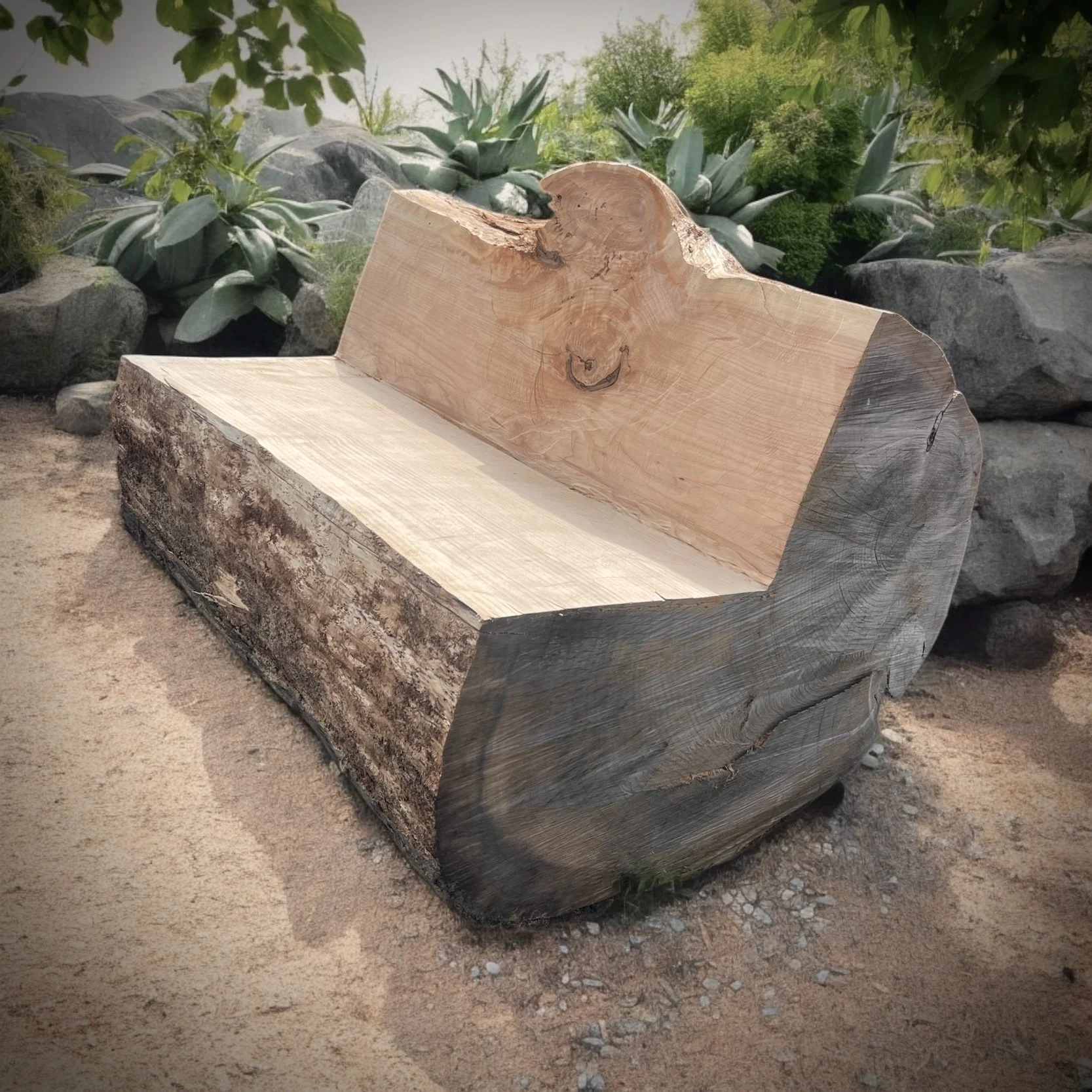 outdoor log bench sonoma county landscape  design cypress  live edge
