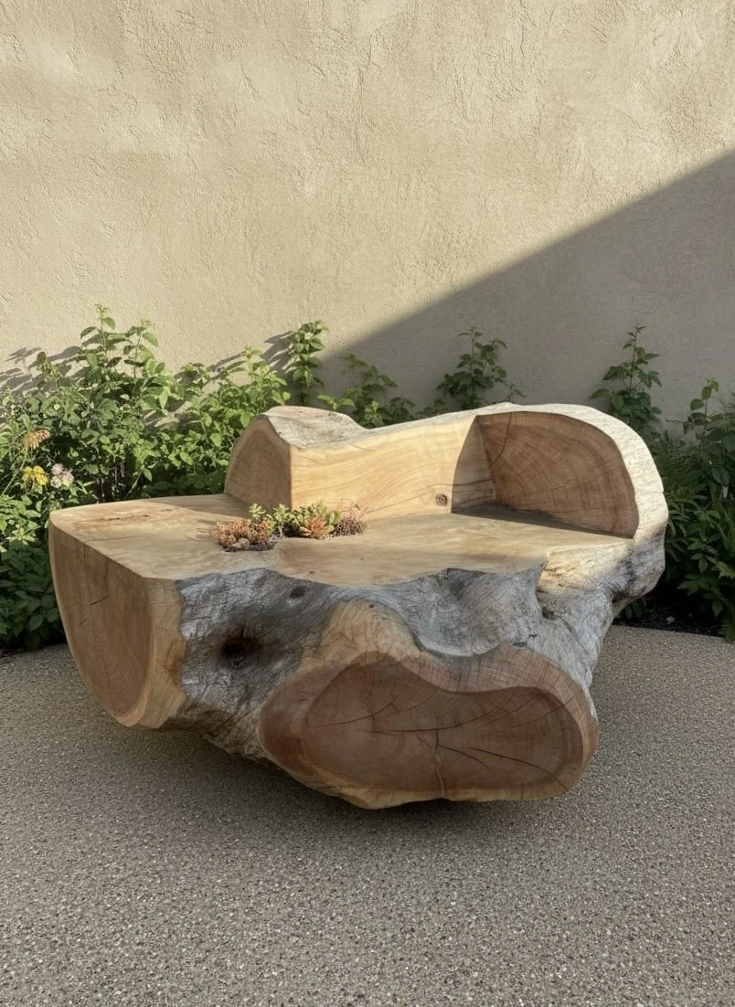 live edge outsoor sculptural outdoor bench with succulents 