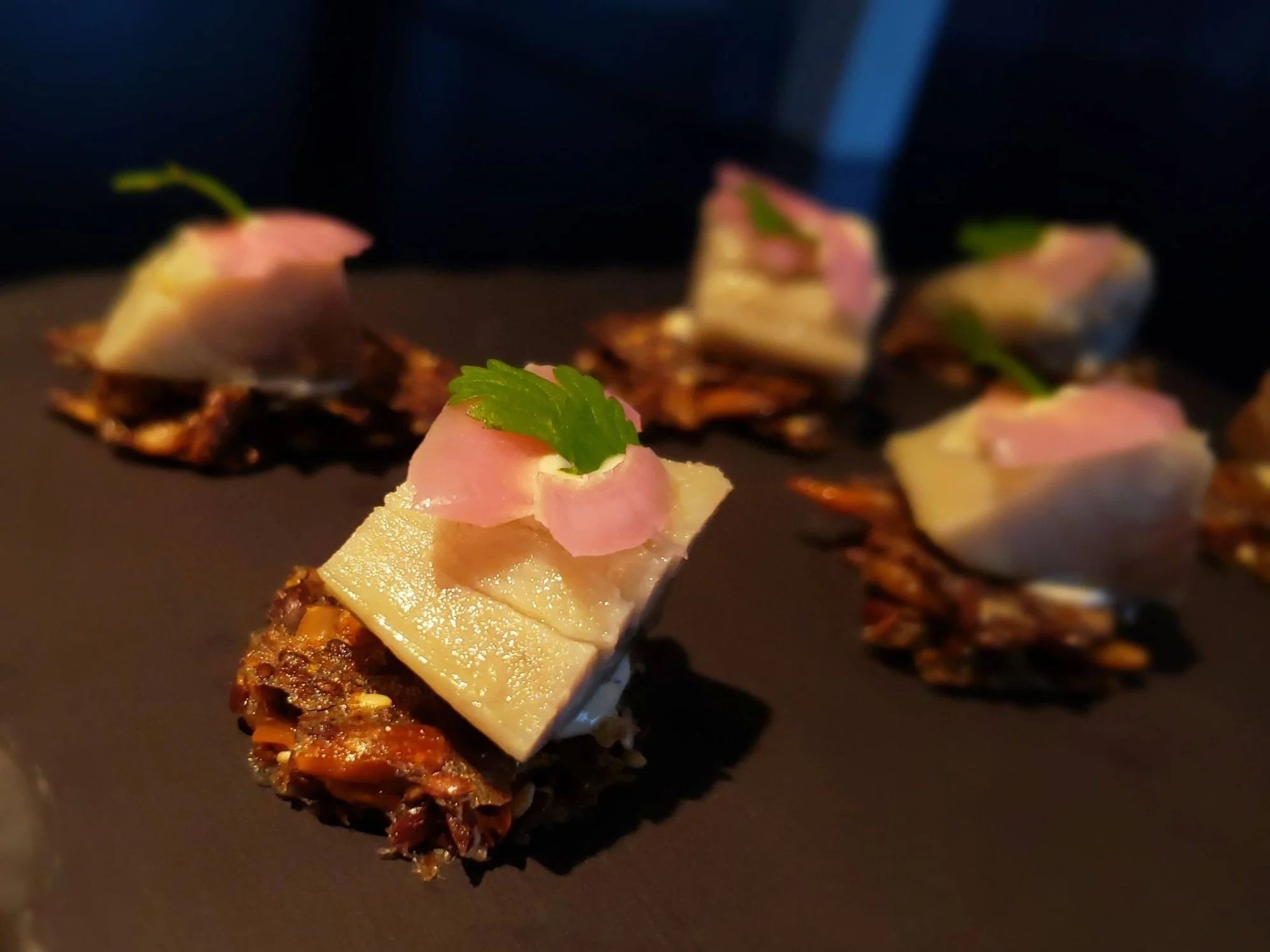 Gourmet appetizers with fish slices, pink garnish, and herbs on a dark plate.