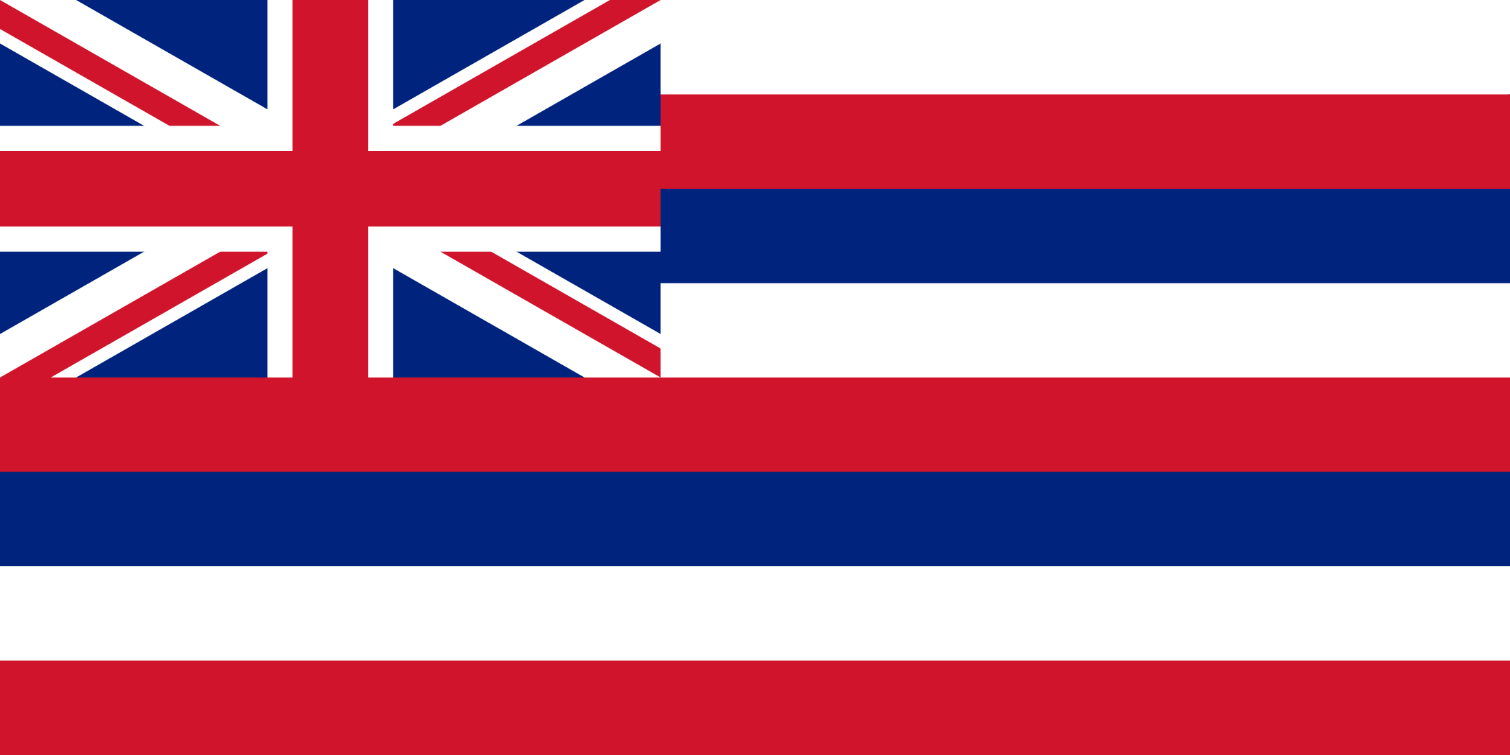 Hawaiian state flag with a Union Jack in the top left corner and horizontal red, white, and blue stripes.