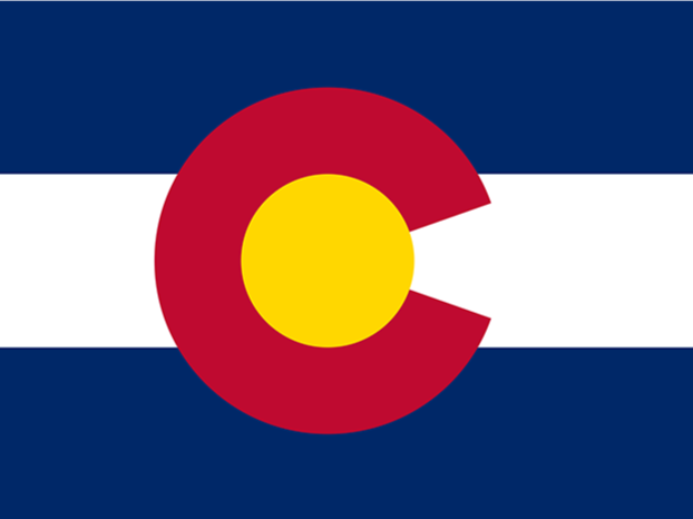 Colorado state flag with a red C encircling a yellow disk on a blue background with white stripes.