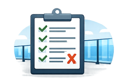 A modern building on a grassy hillside with snow-capped mountains in the background.