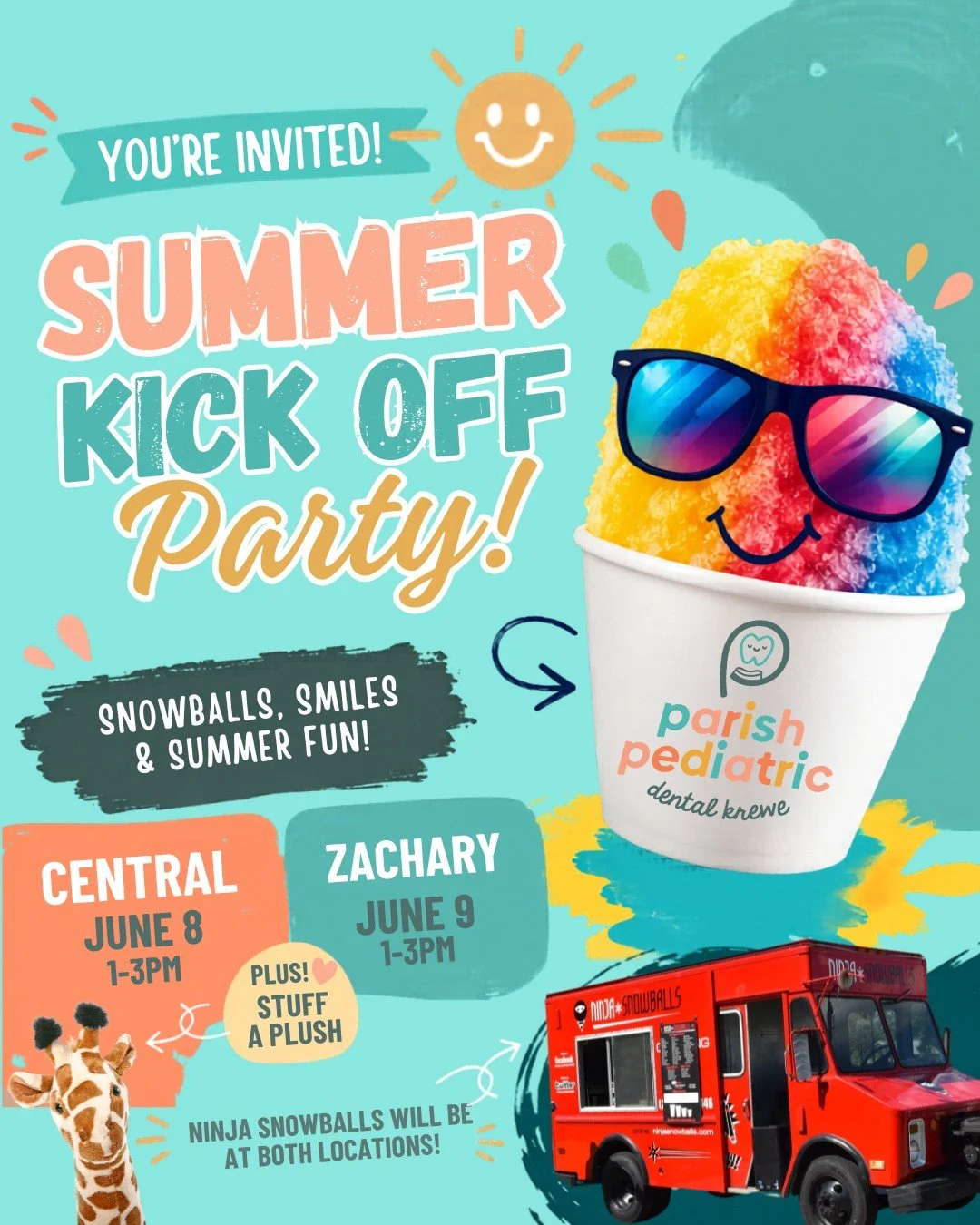 School&rsquo;s out, and summer is officially ON 😎
Join us for our Summer Kick-Off Parties at both Parish Pediatric Dental Krewe locations!

☀️ June 8 &bull; Central &bull; 1&ndash;3 PM
☀️ June 9 &bull; Zachary &bull; 1&ndash;3 PM

Ninja Snowballs wi