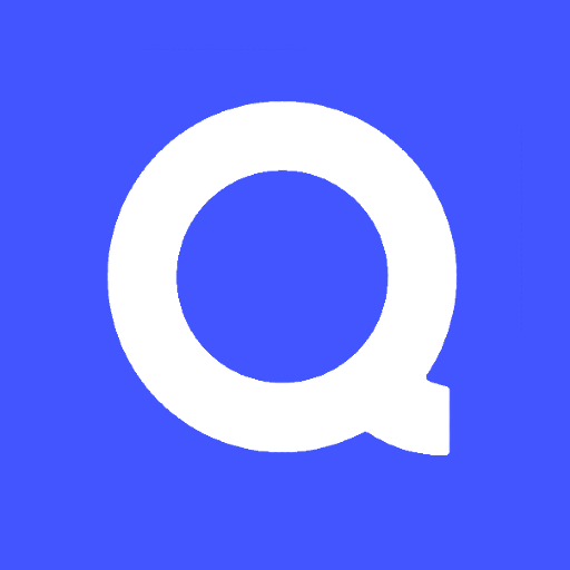 A white letter Q on a blue background.