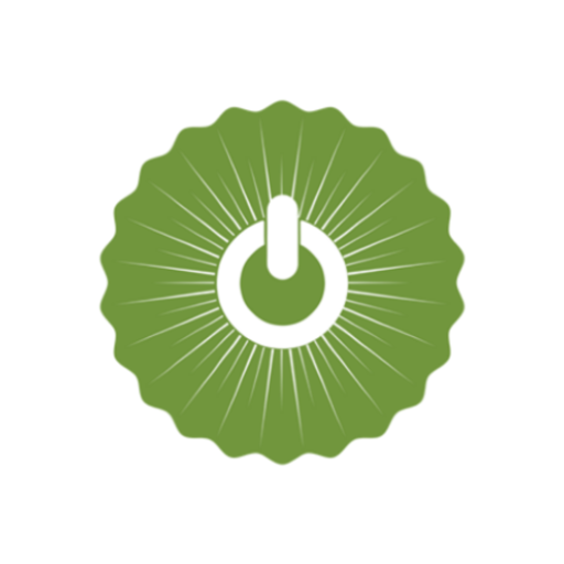 Green circular button with a white power symbol in the center