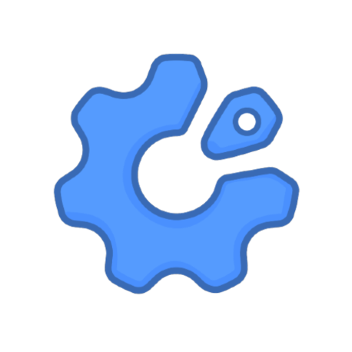 A blue gear icon with a small blue hexagon and circle inside it.