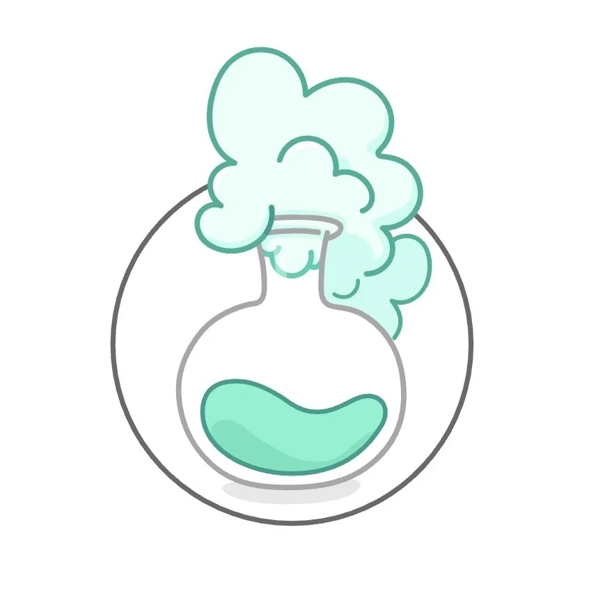 A cartoon illustration of a round flask with a narrow neck, containing a bubbling green liquid, with green vapor or smoke coming out of the top.