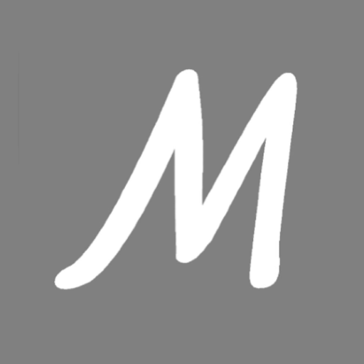 White letter 'M' on a gray background.