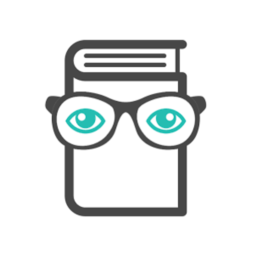 An illustration of a stack of books with glasses and eyes in front, representing reading or studying.
