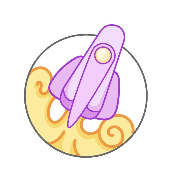 Illustration of a purple rocket launching with orange and yellow flames.