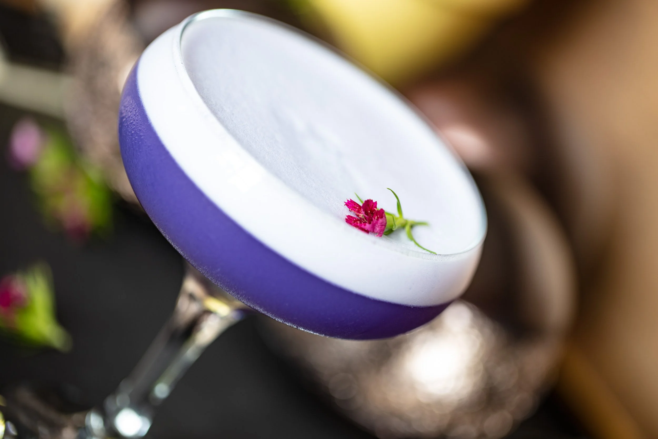 Canto's Bella Canto cocktail featuring a delicate purple color with a white frothy foam in a coupe-styled glass and adorned with a small magenta flower