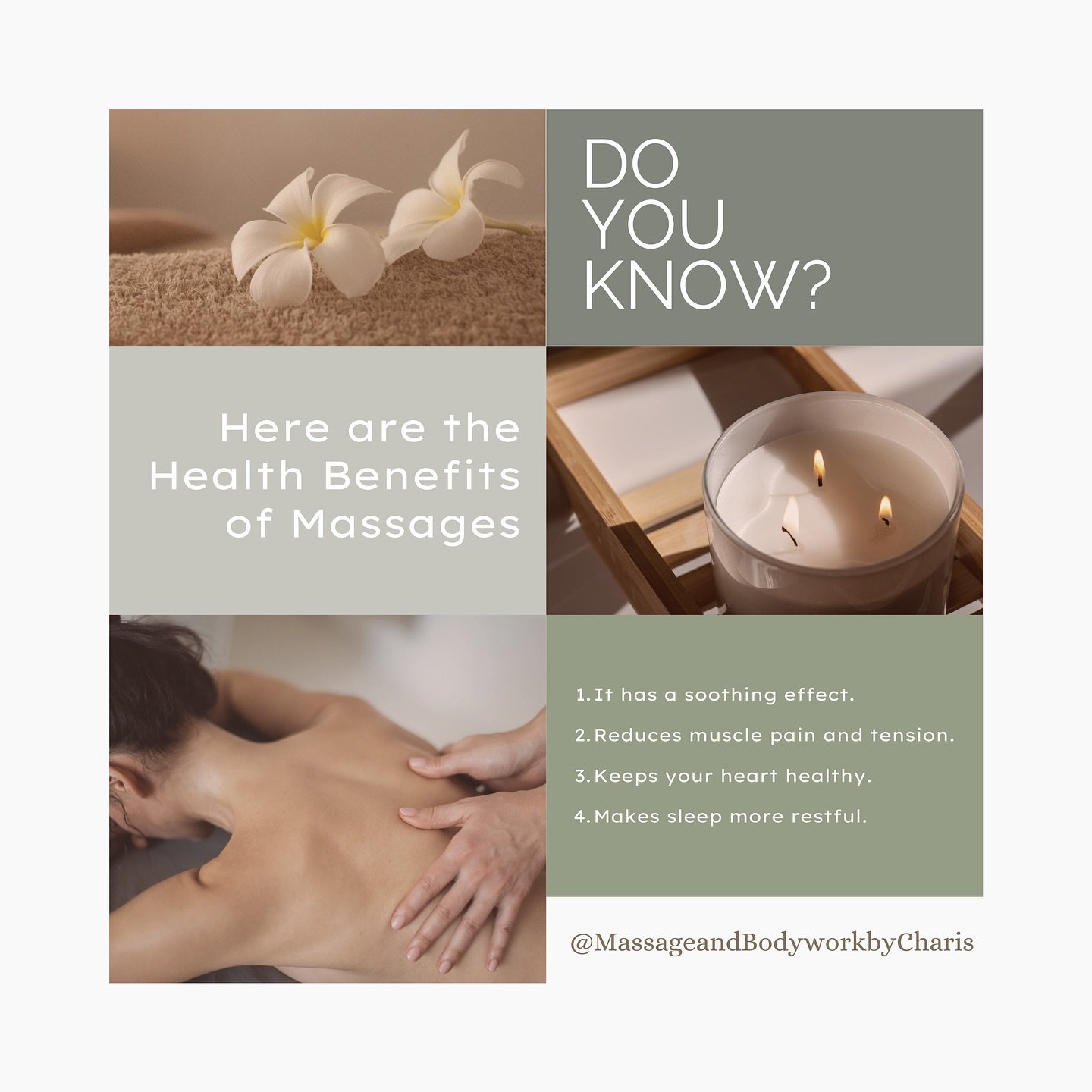 Experience the amazing benefits of a massage! 💆&zwj;♀️ From reducing muscle tension to promoting restful sleep, a massage can work wonders for your body and mind. ✨ Ready to relax and recharge? 

Book your massage today for ultimate relief and relax
