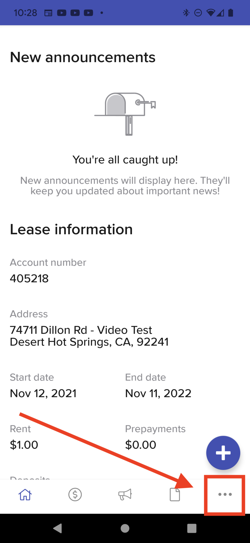 Step 1: Open the Buildium Resident Center app and tap the three dots in the lower right corner.