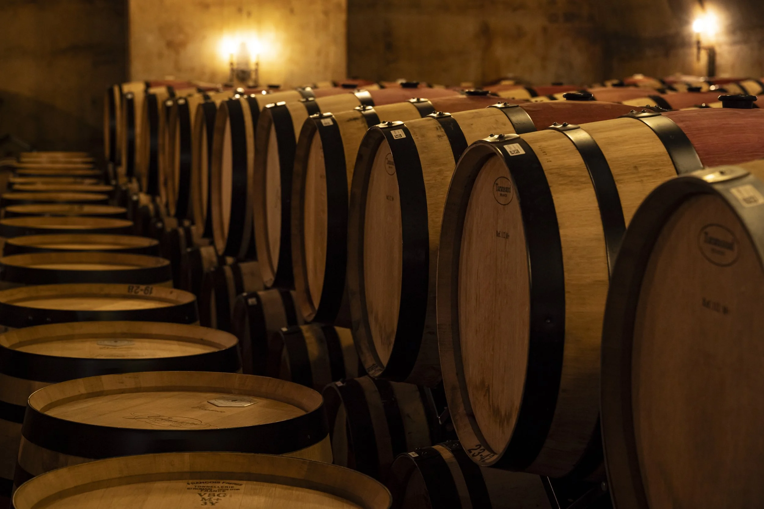 Rows of red wine barrels in the barrel cave at the Grassini Family Vineyards Estate in Santa Ynez.