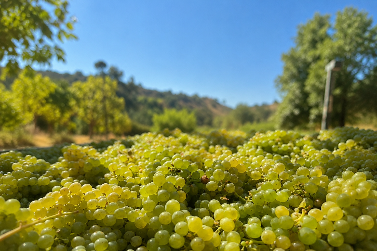Newly picked Sauvignon Blanc grapes in front of vineyard landscape.