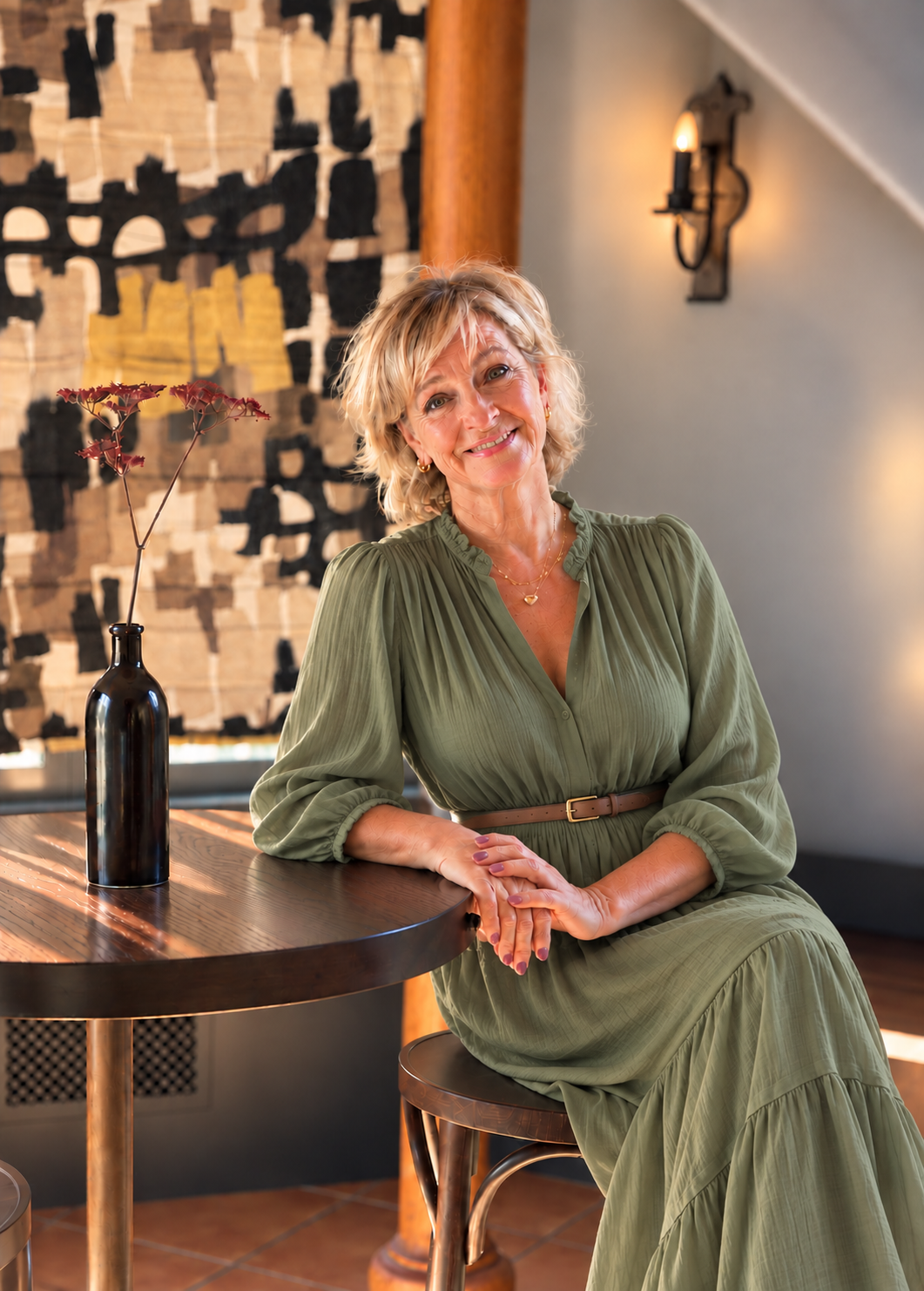 Events & Hospitality Manager, Maria Svensson, sits at a table at the La Tarantella Villa.