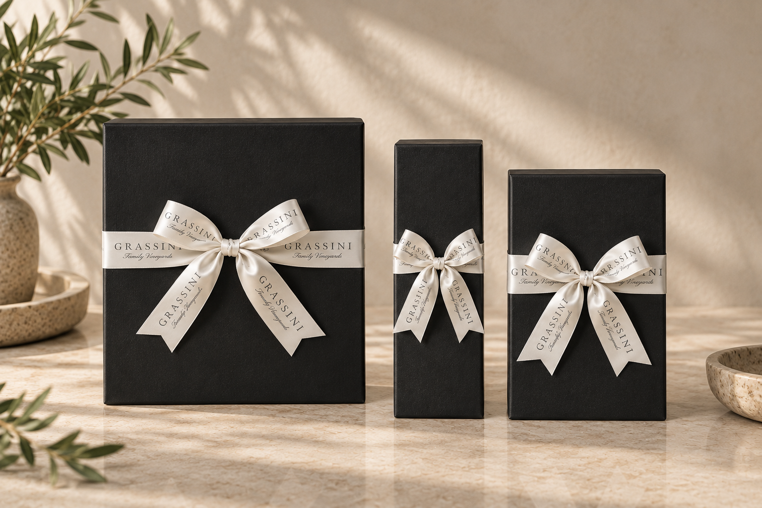Black wine boxes with Grassini Family Vineyards logoed ribbon.