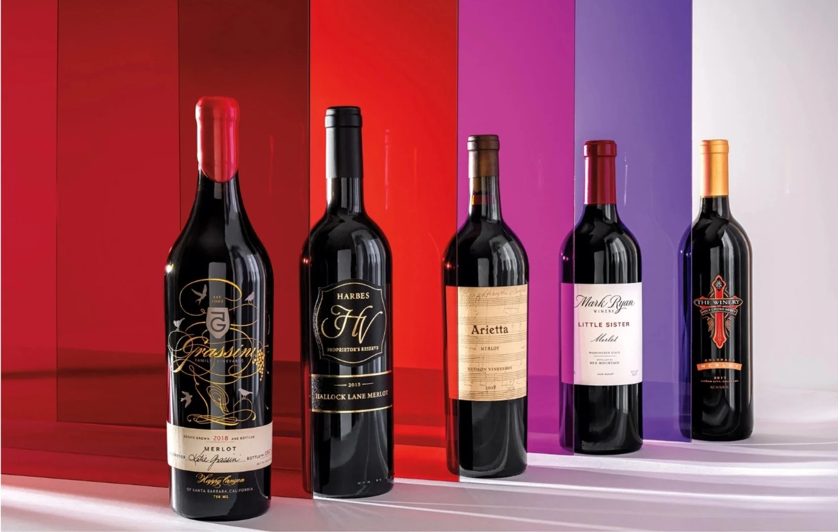 Bottles of Merlot from five different producers lined up with bold colors.