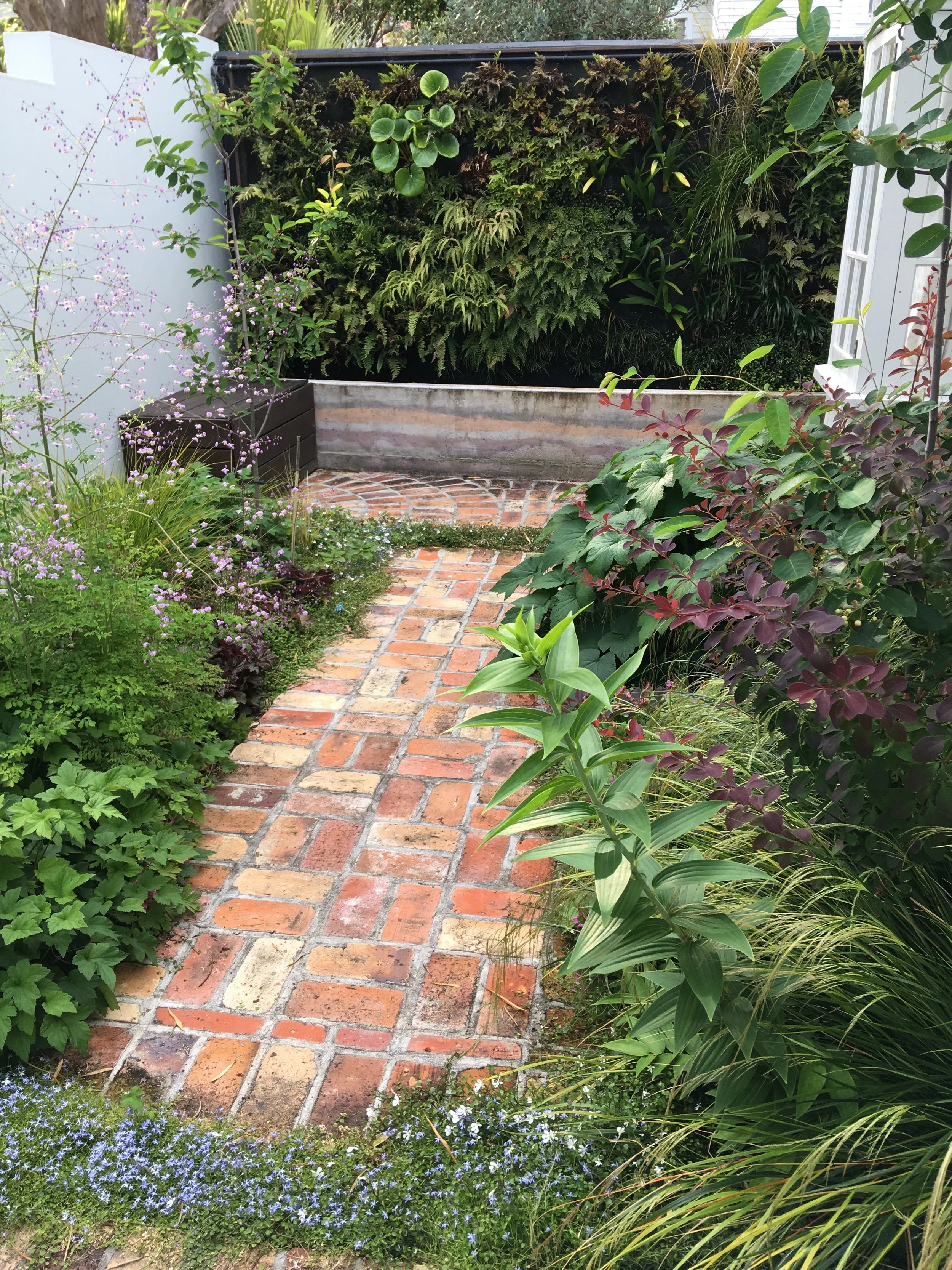 Design: XWD/JH Build: JH Maintenance:JH Recycled brick paving, water feature/green wall.