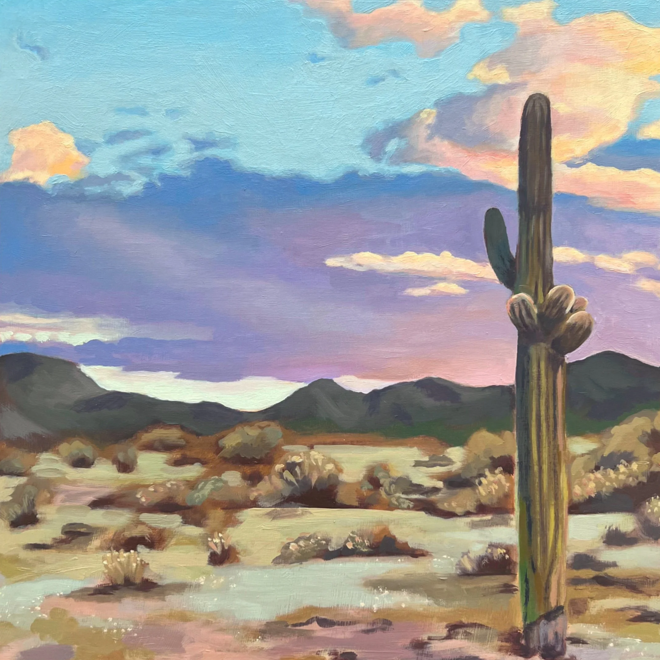 Saguaro Cactus on right side of painting with purple clouds and blue skies