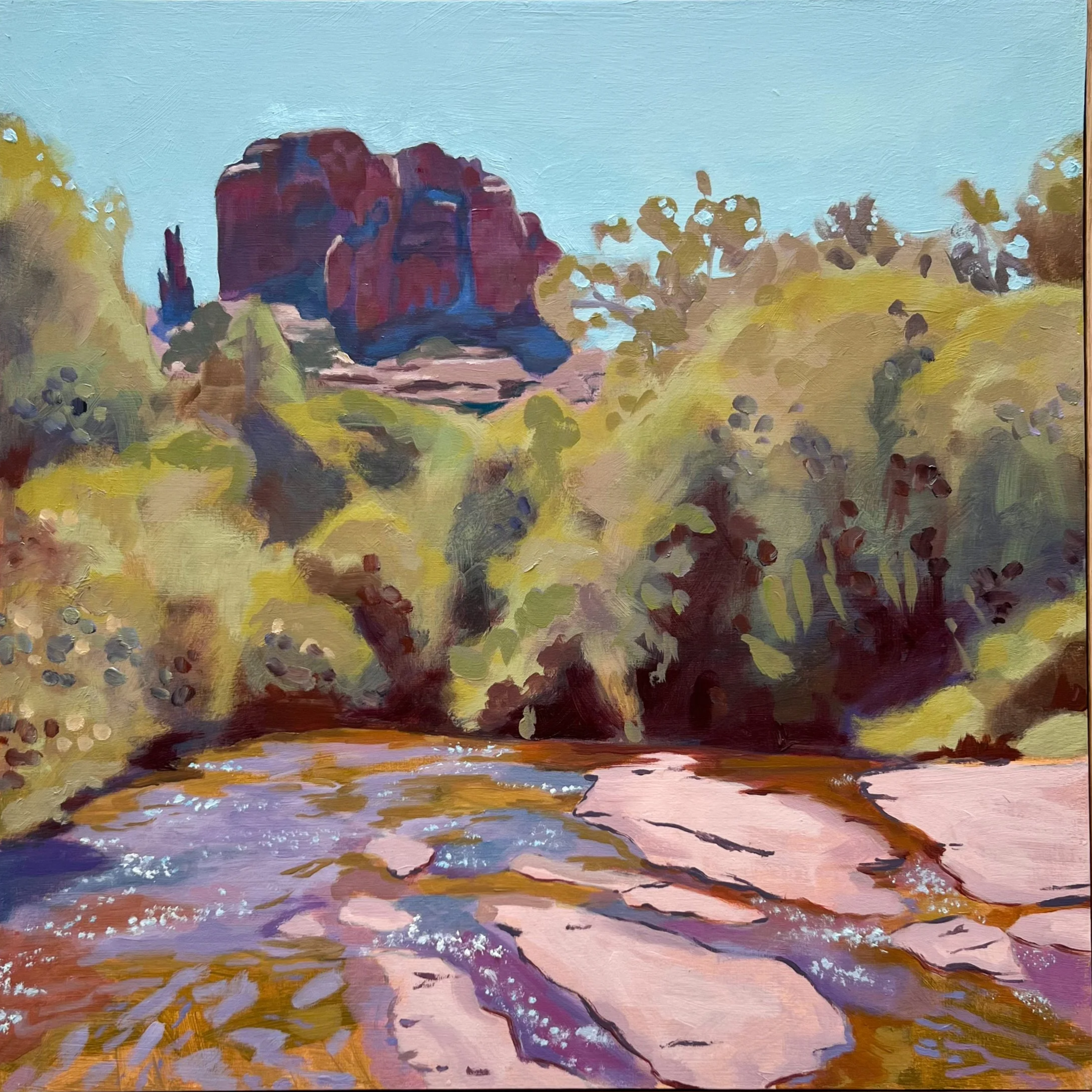 Painting of Oak Creek Canyon in Sedona Arizona, with water in foreground and pink canyons in background separated with green brush