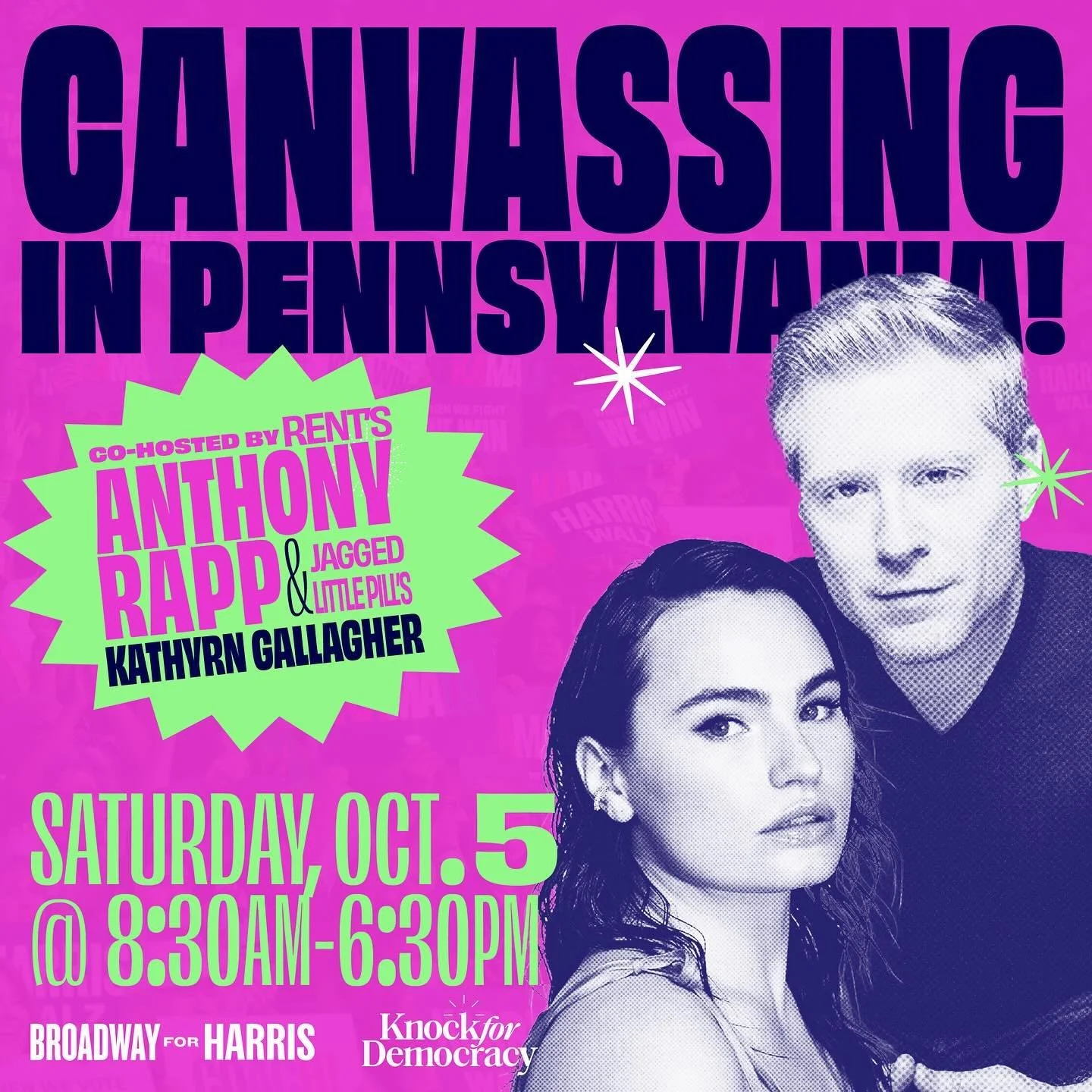 ‪There&rsquo;s no day but today to sign up for #BroadwayForHarris&rsquo;s next canvassing trip! 💙 Join Jagged Little Pill&rsquo;s @kathryngallagher and Rent&rsquo;s original Mark @albinokid1026 on October 5th as we spread the word about @KamalaHarri