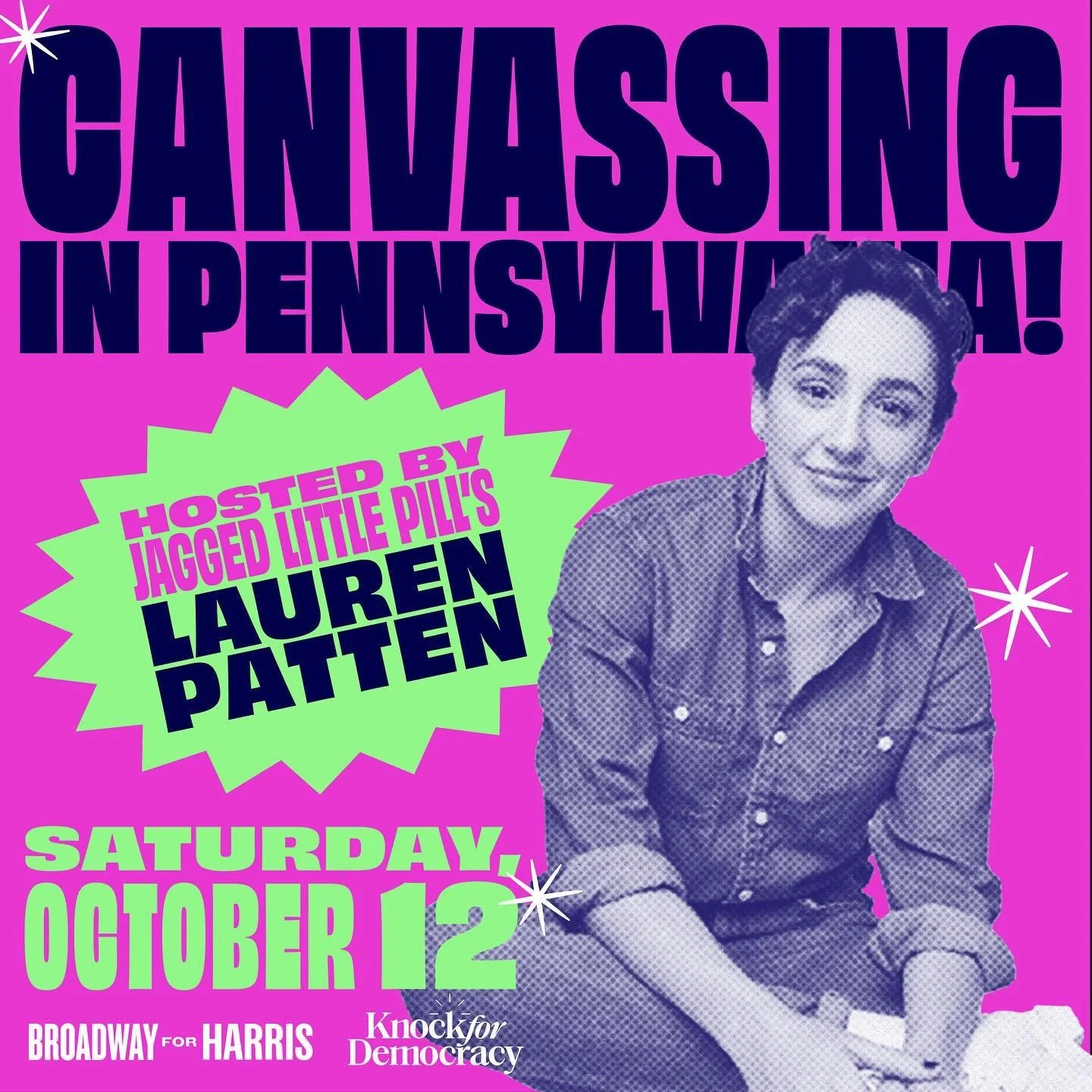 You oughta know that Tony Award winner @pattenlauren is joining #BroadwayForHarris for our next canvassing trip! Head to the link in our bio to grab your spot on the bus for a day full of spreading the word about @KamalaHarris&rsquo;s campaign!