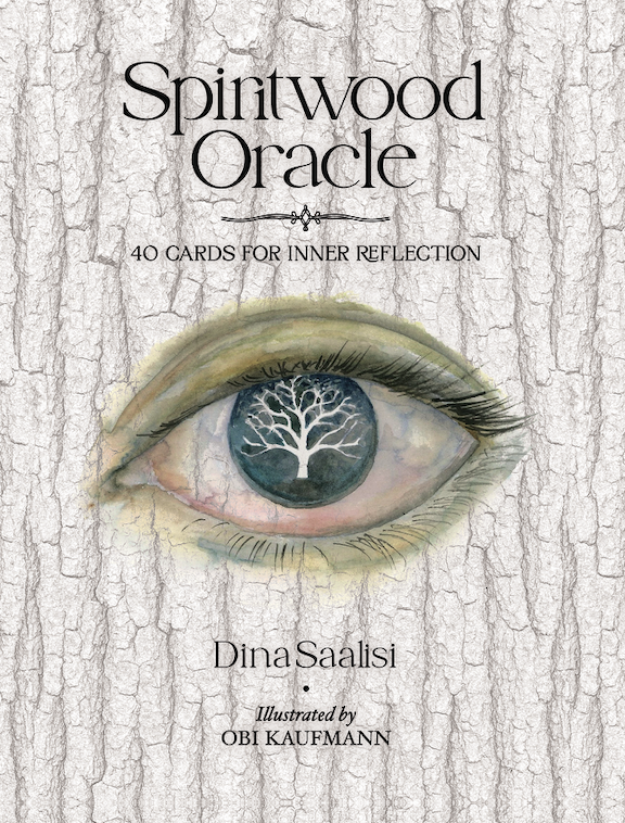 Book cover titled "Spiritwood Oracle" featuring an eye with a tree in the iris, set against a cracked, wood-like background, with the subtitle "40 Cards for Inner Reflection" and author names Dina Saalisi and illustrated by Obi Kaufmann.