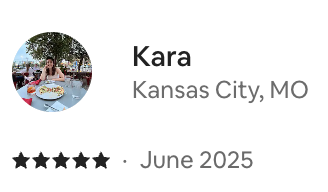 Profile picture of a woman named Kara from Kansas City, MO, with a five-star rating and June 2025 date.