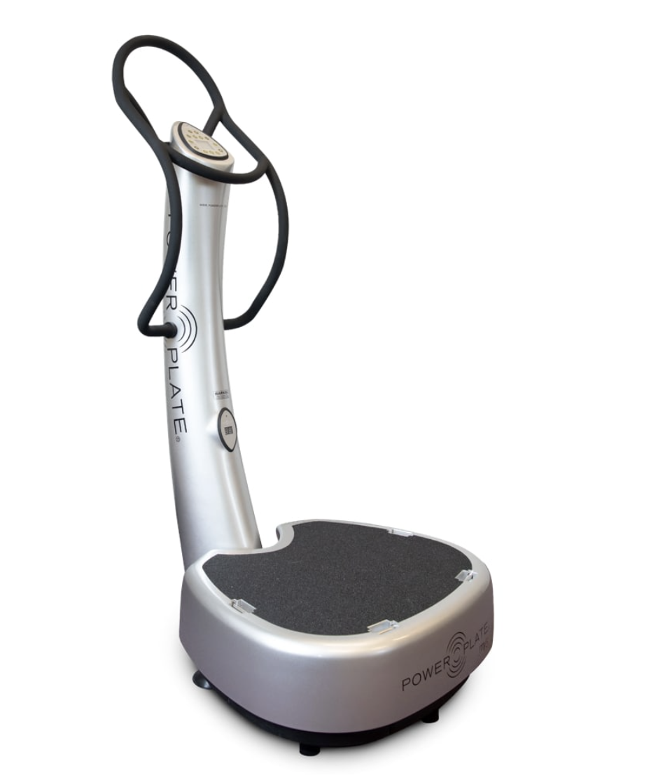 Power Plate vibration exercise machine with control panel and handrails.