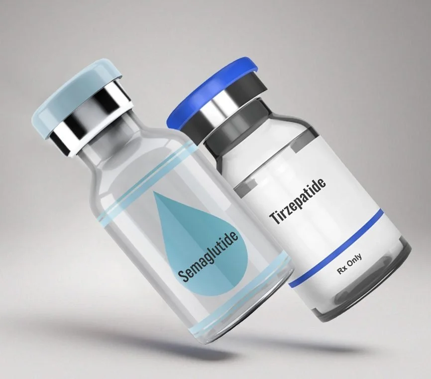 Vials labeled Semaglutide and Tirzepatide on a gray background.