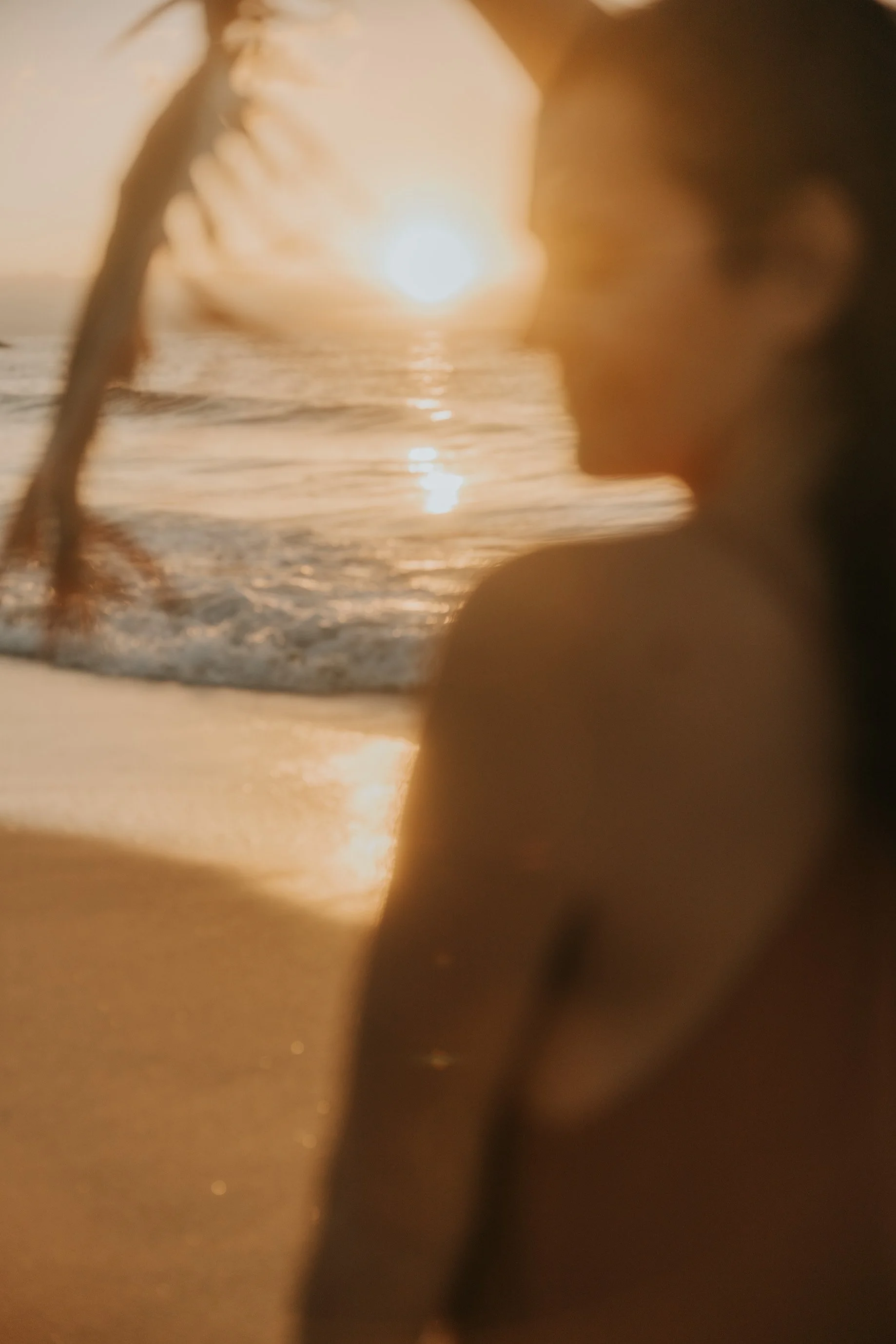 Persona con gafas mirando hacia el atardecer en la playa, con palmera y el sol en el horizonte.