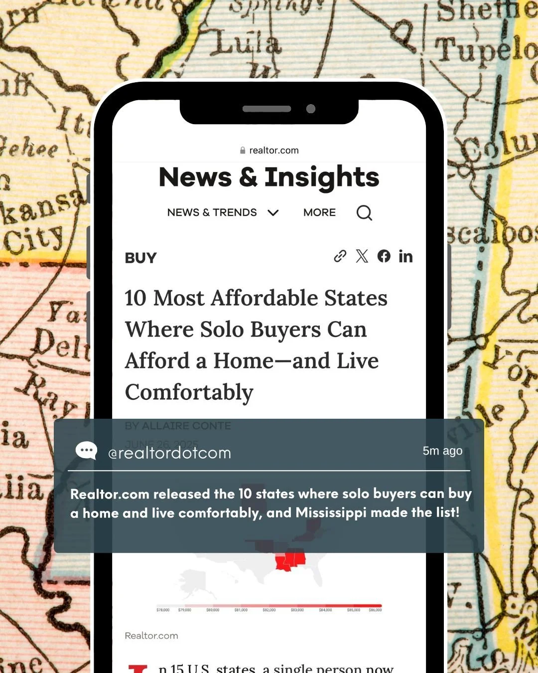 @realtordotcom released the 10 states where solo buyers can buy a home and live comfortably, and Mississippi made the list! 🙌 Single home shoppers in other states have to compromise on the size, features and location of their home but you won&rsquo;