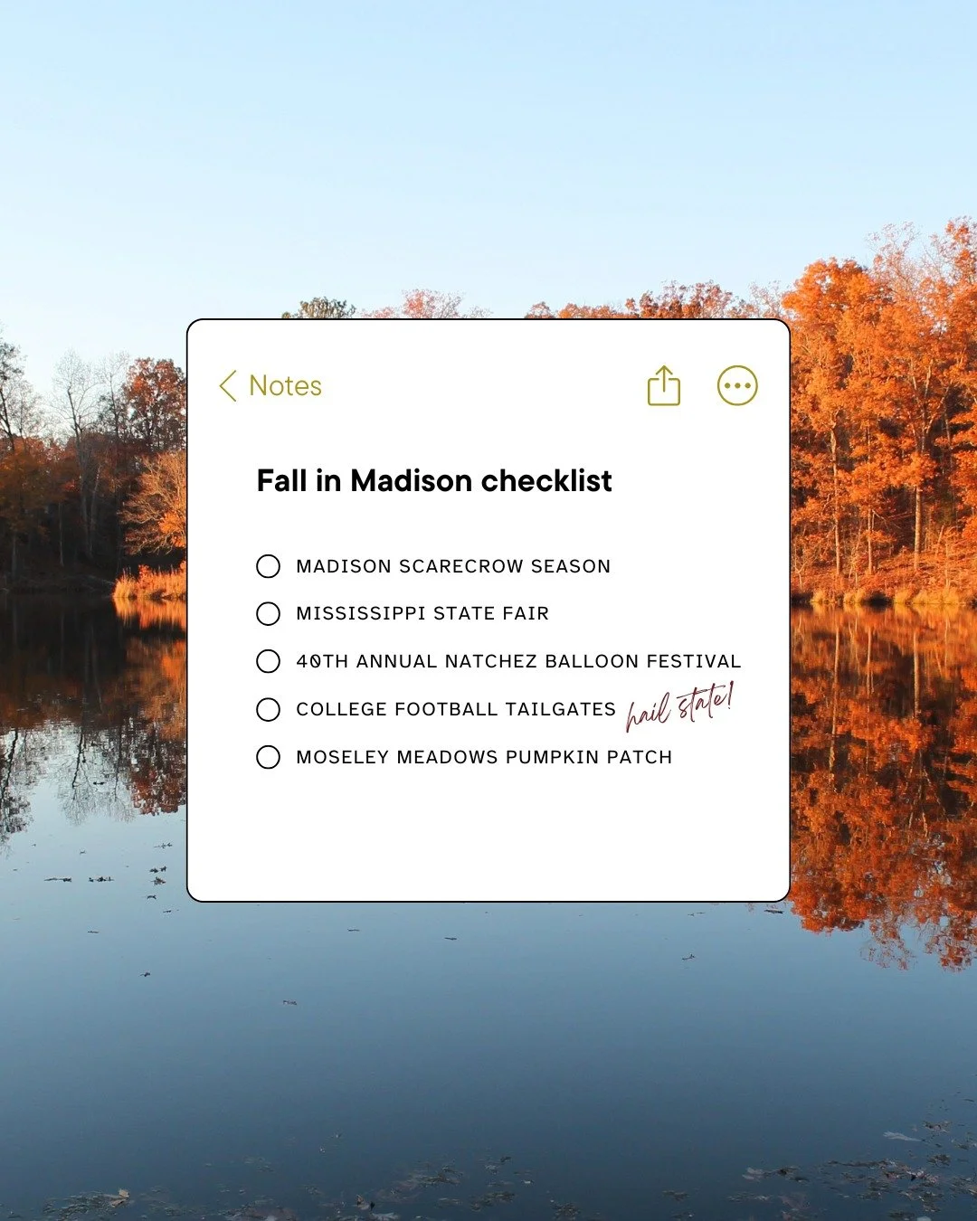 There&rsquo;s so much to do in and around Madison this time of year. I hope this list gives you some inspiration for fun plans this month!

〰〰〰
Lori Bragg, Mississippi REALTOR&reg; with @marketplace.madisonrealestate
📱601-624-1154 (mobile)
📞 601-42