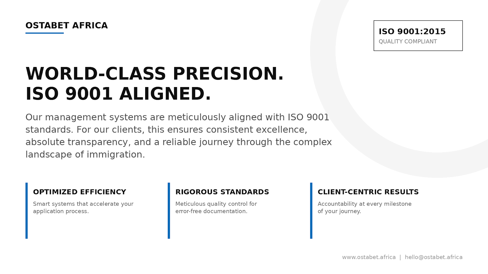 A brochure or presentation slide for Ostabert Africa emphasizing accuracy, standards, and client results, with a focus on ISO 9001:2015 certification.
