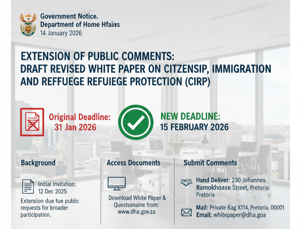 The Department of Home Affairs (“DHA”) has extended the deadline for submitting public comments on the Draft Revised White Paper on Citizenship, Immigration, and Refugee Protection from 31 January 2026 to 15 February 2026.