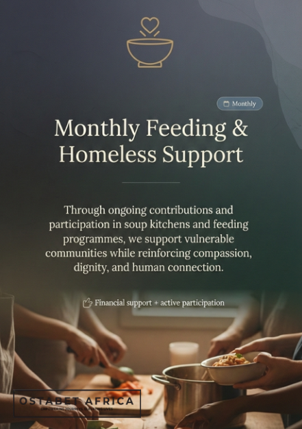Brochure or poster titled "Monthly Feeding & Homeless Support" with an icon of a bowl and a heart. It highlights ongoing contributions and participation in soup kitchens and feeding programs to support vulnerable communities, emphasizing compassion, dignity, and human connection.