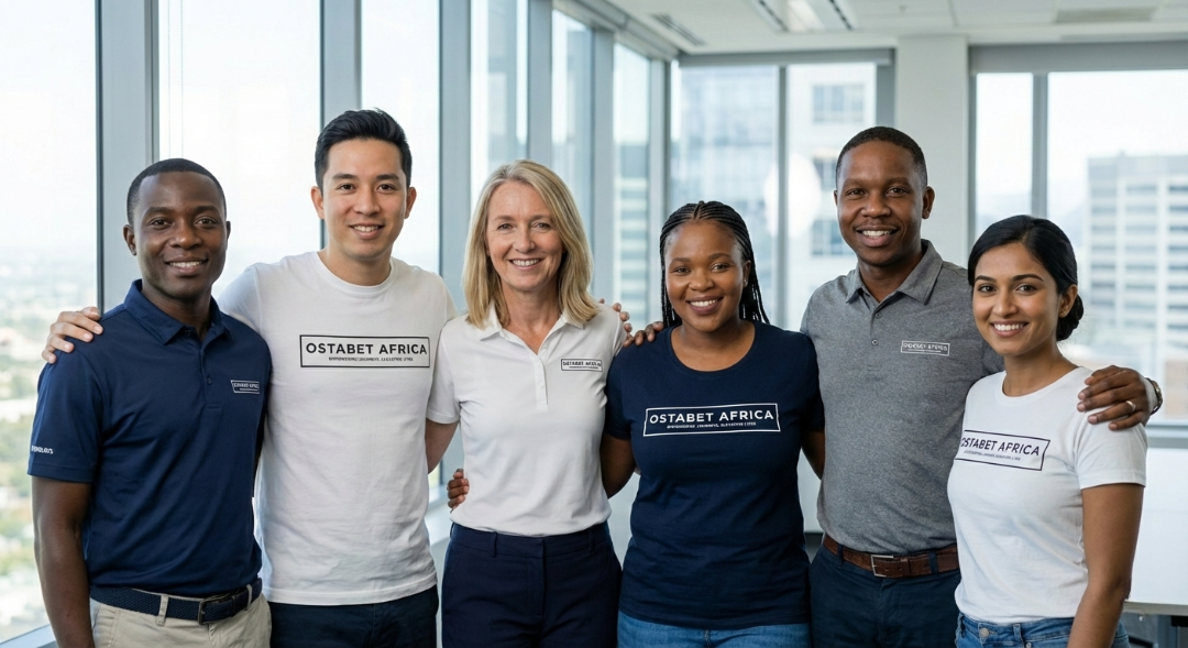 Group of six diverse professionals standing together in an office, smiling at the camera.