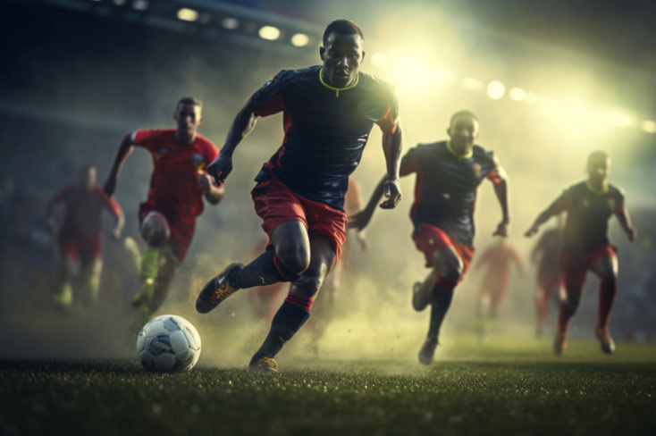 Soccer players running on the field chasing the ball under stadium lights.