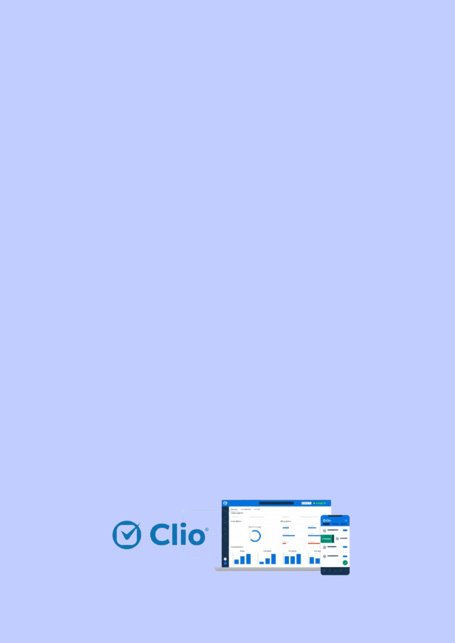 Clio software interface displayed on a laptop and smartphone, showing dashboards with charts and data, beside the Clio logo on a light blue background.