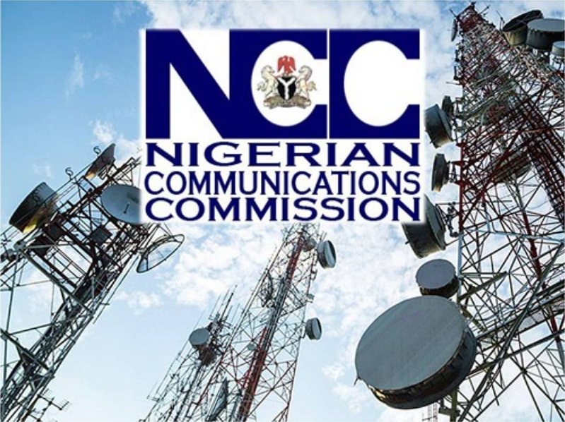 Several communication towers with satellite dishes and antennas under a partly cloudy sky, featuring the Nigerian Communications Commission logo and name at the top.