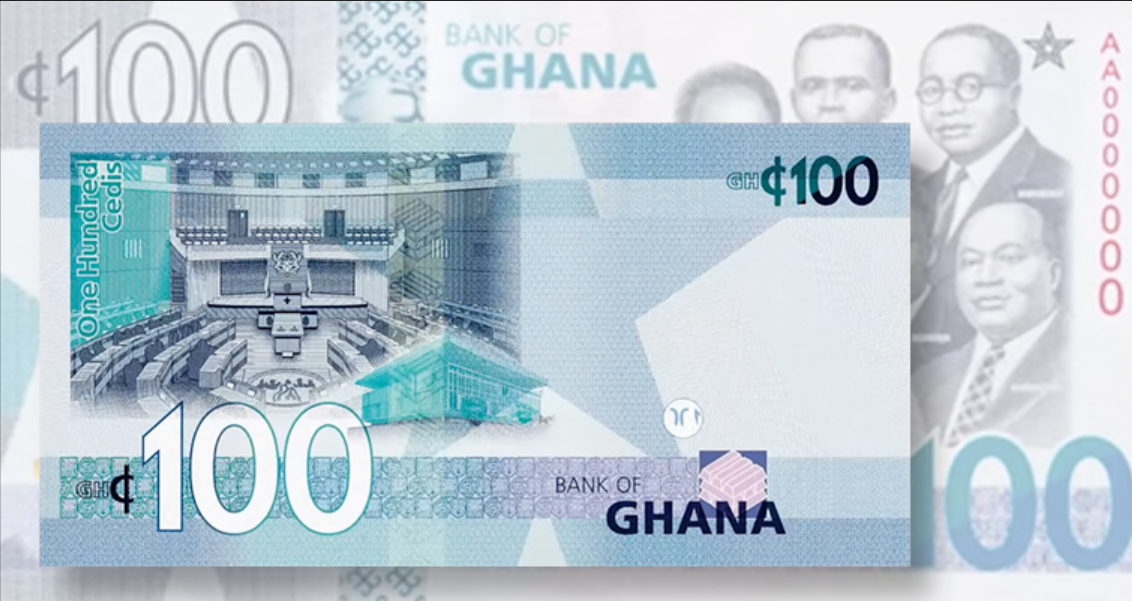 Ghanaian 100 cedis banknote with a portrait, the Bank of Ghana logo, and architectural illustrations.