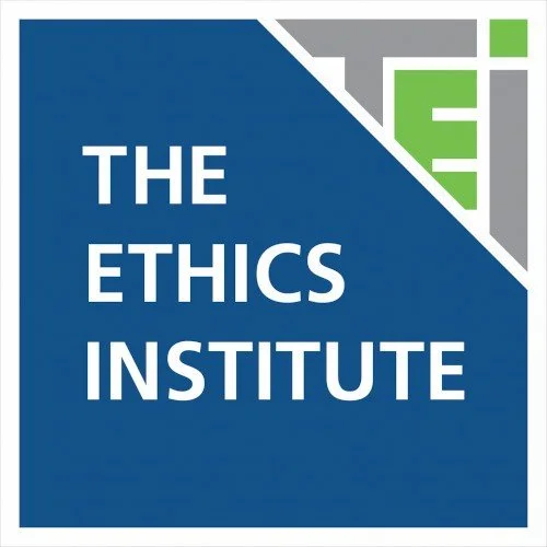 The logo of The Ethics Institute with a blue background and a green and gray geometric design in the top right corner.