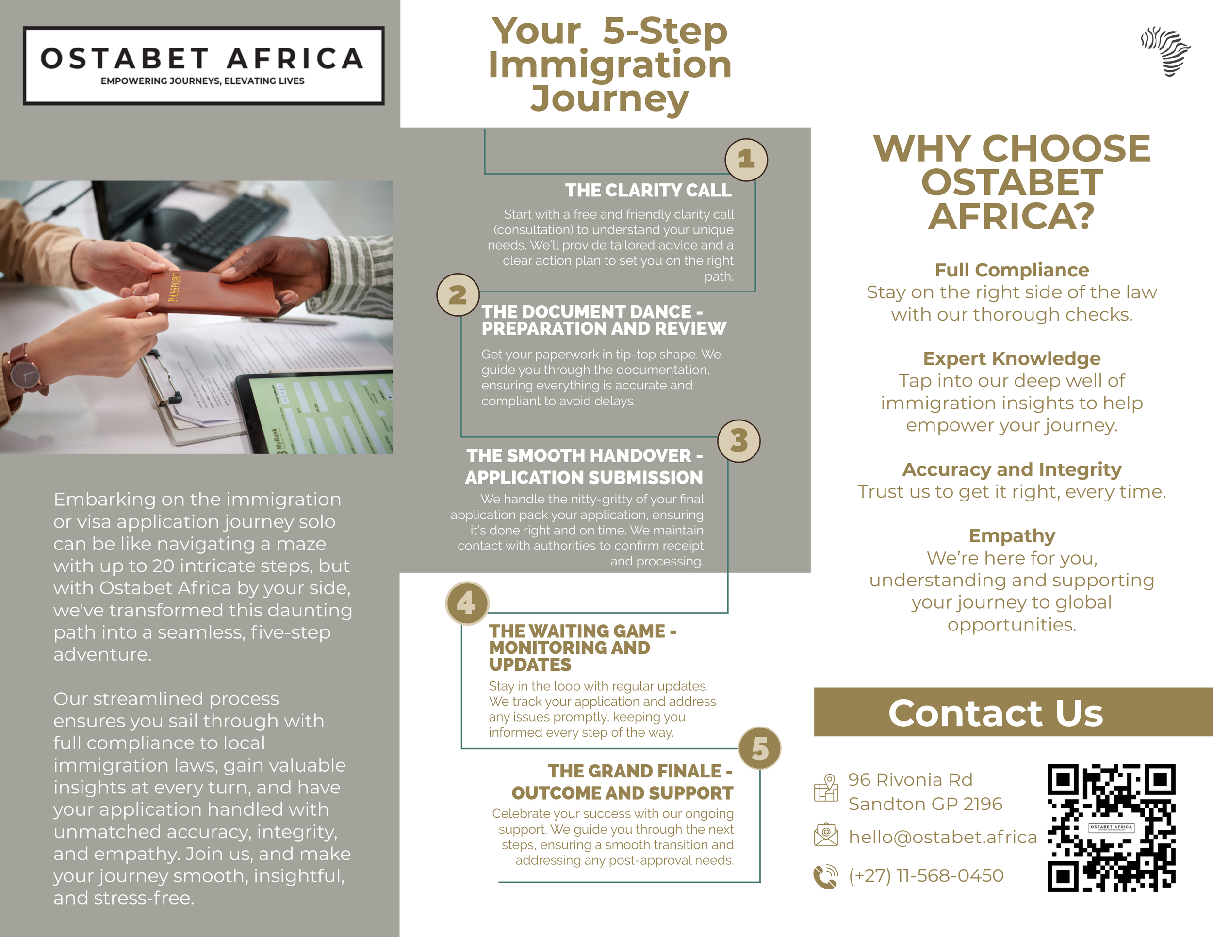 An informational flyer for Ostab Africa titled 'Your 5-Step Immigration Journey'. It features a photo of two hands exchanging a passport over a desk with a laptop and documents. The flyer outlines five steps in the immigration process, describes why to choose Ostab Africa with points on compliance, expertise, accuracy, and empathy, and includes contact information, address, email, phone number, and a QR code.