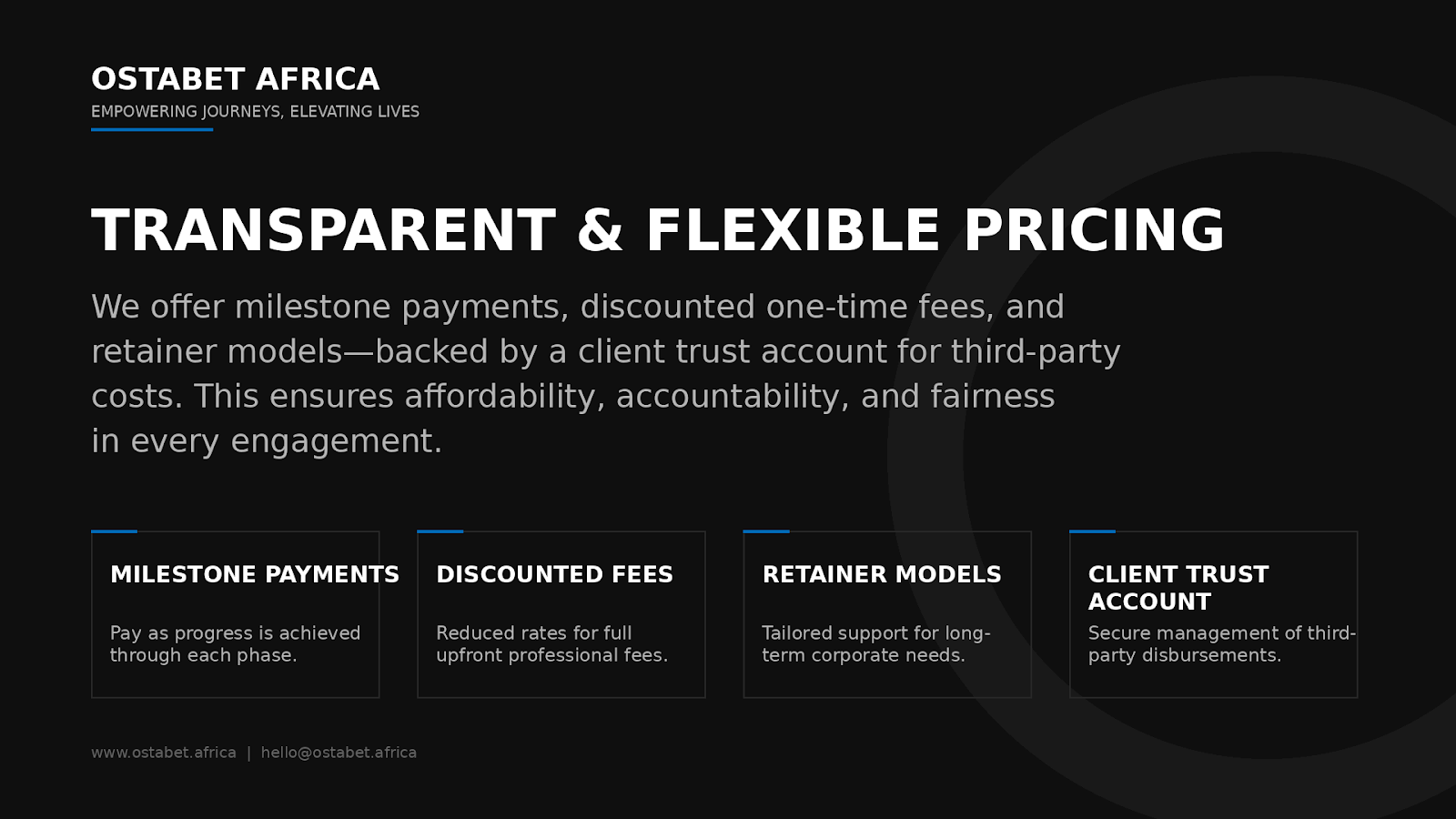 Ostabet Africa promotional webpage with details on transparent and flexible pricing, milestone payments, discounted fees, tailored support, and secure third-party disbursement management.