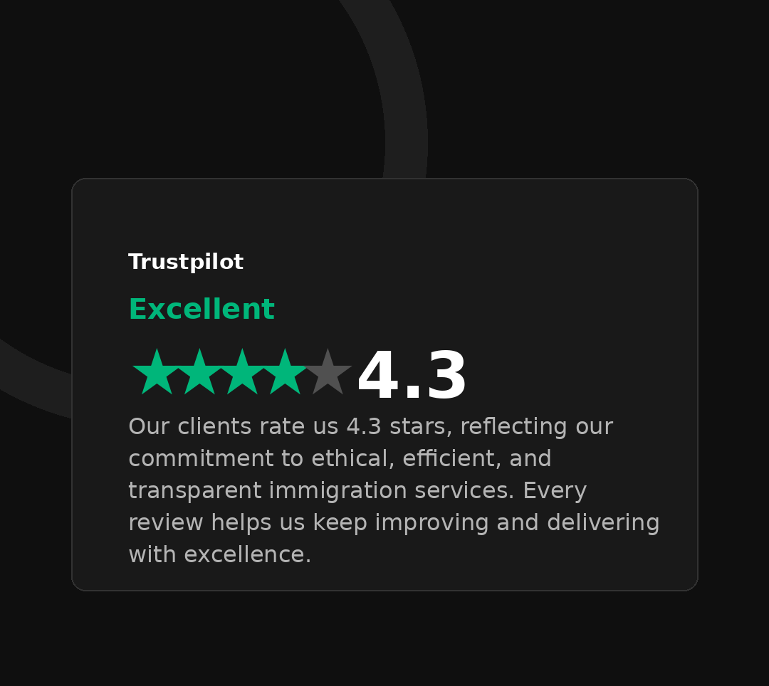 Trustpilot review showing a 4.3-star rating with an 'Excellent' label and a brief message about customer satisfaction with immigration services