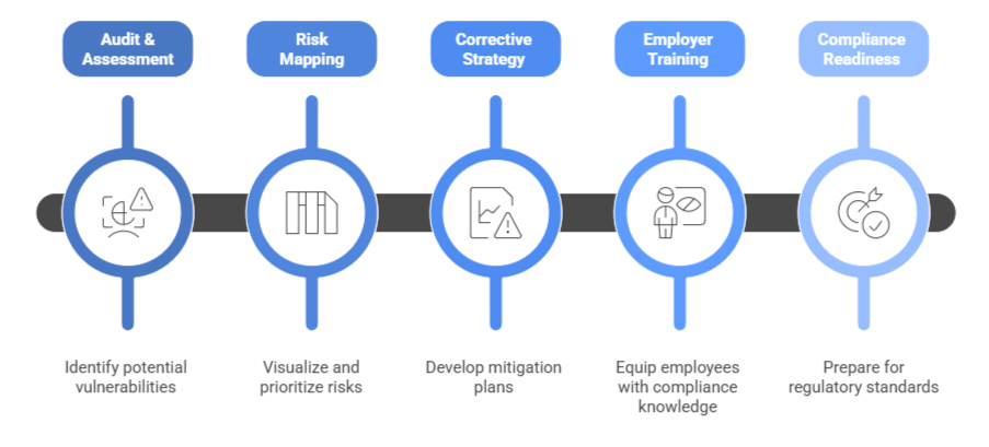 Diagram showing five steps in a process: Audit & Assessment, Risk Mapping, Corrective Strategy, Employer Training, and Compliance Readiness, with icons representing each step and descriptions below.